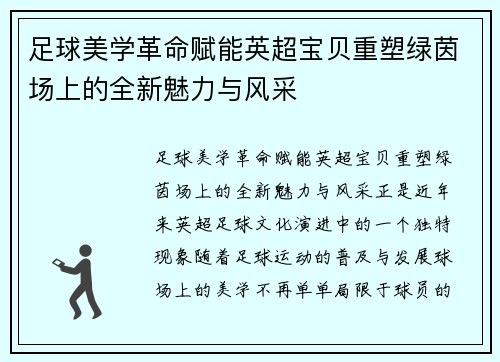 足球美学革命赋能英超宝贝重塑绿茵场上的全新魅力与风采